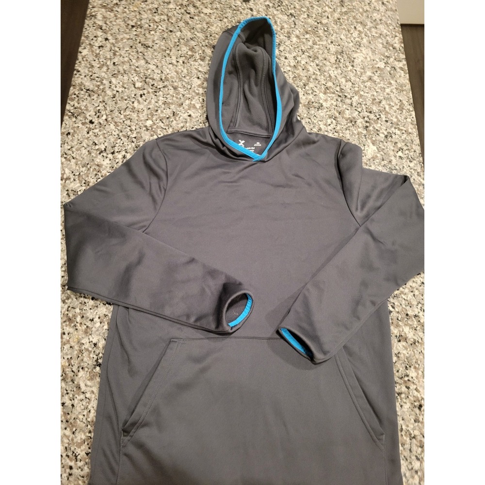 Xersion Mens Small Quick-Dri Fleece Hoodie Gray Blue Trim Active Pullover‎ S